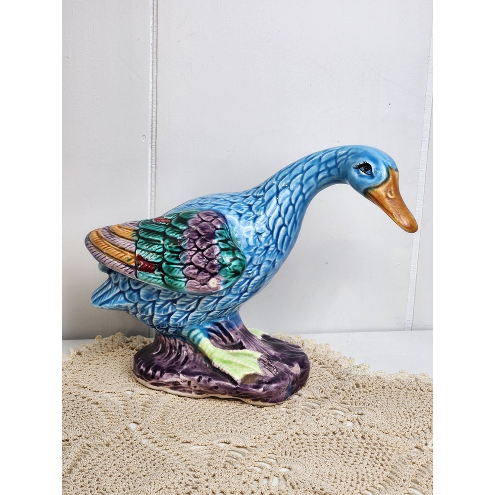 Vintage Duck Figurine Tilso Japan Ceramic Hand Painted Majolica Cottage Granny